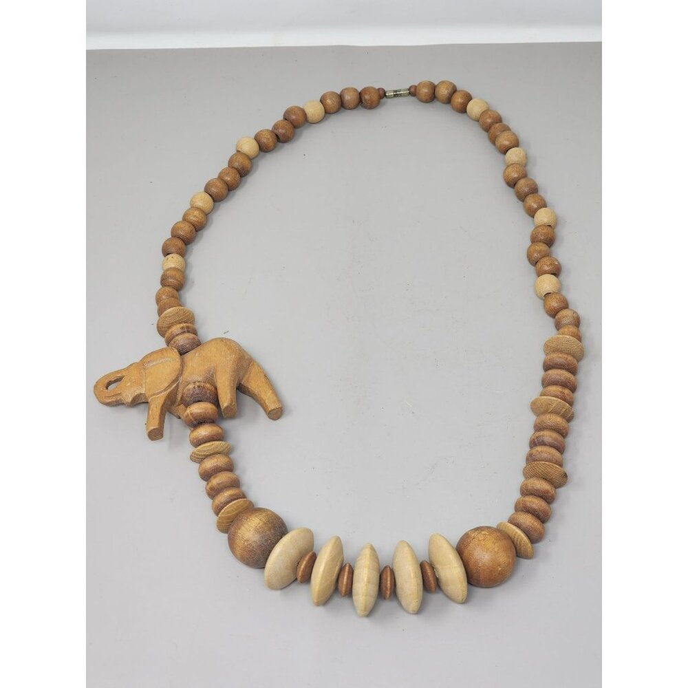 Vintage Safari African Elephant Carved Wood Beaded Long Necklace